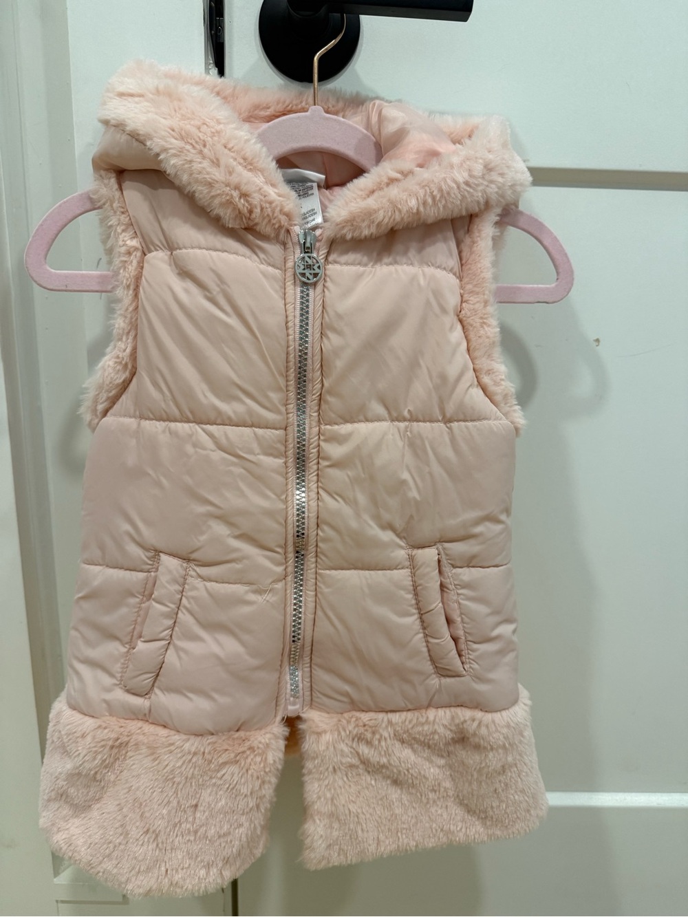 Nicole Miller Girls Pale Pink Puffer Vest with Faux Fur Trim